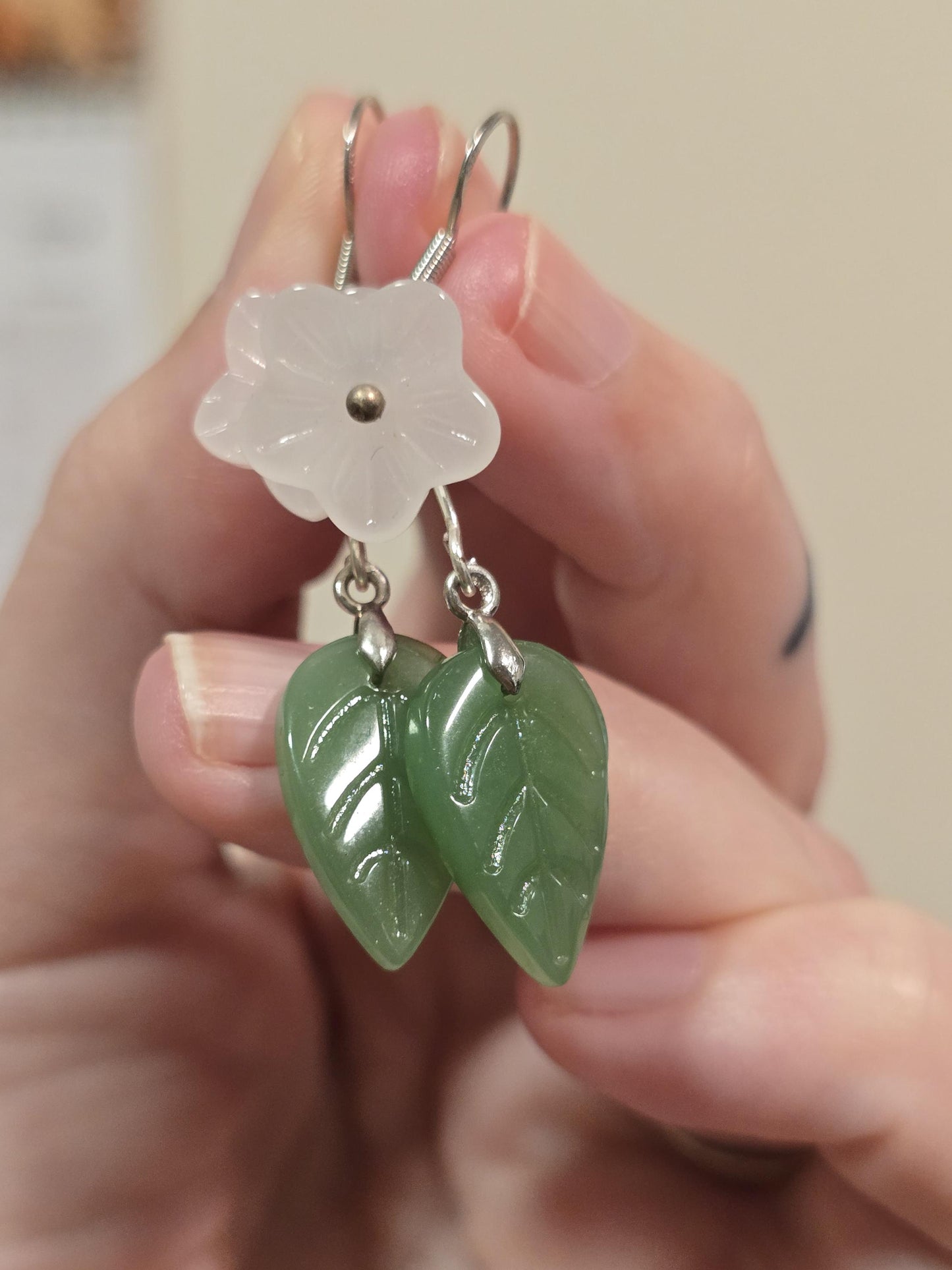 Jade Dangle Flower Earrings | Flower and Leaf Dangle Earrings