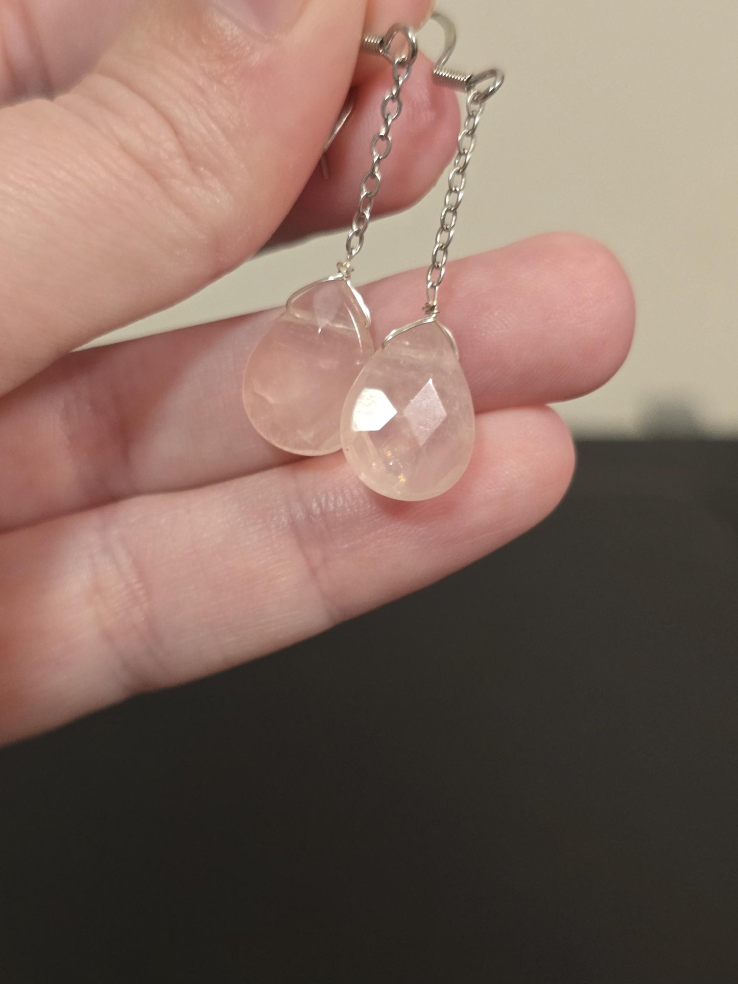 Rose Quartz Dangle Earrings | Faceted Rose Quartz Tear Drop Dangle Earrings