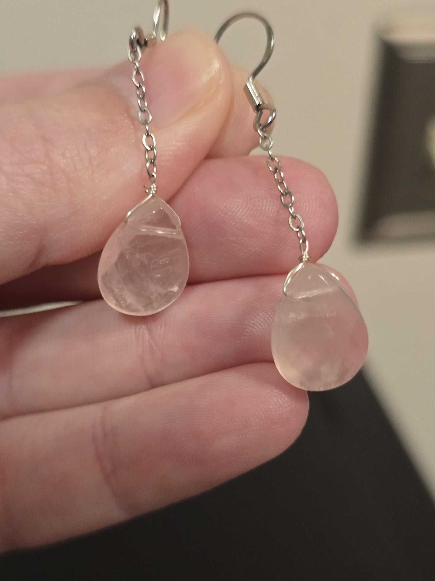 Rose Quartz Dangle Earrings | Faceted Rose Quartz Tear Drop Dangle Earrings