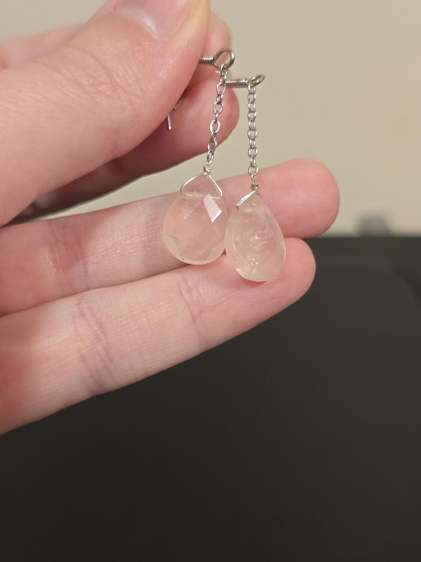 Rose Quartz Dangle Earrings | Faceted Rose Quartz Tear Drop Dangle Earrings