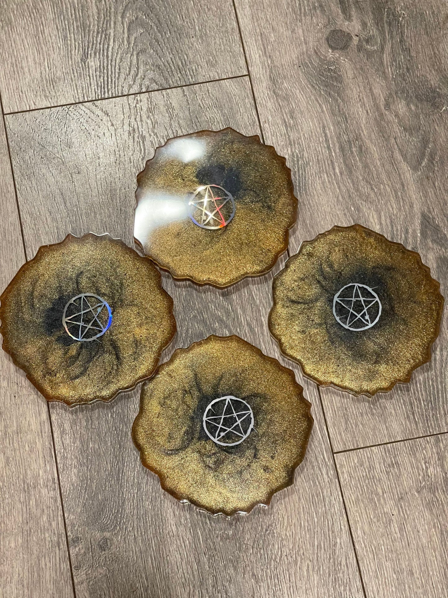 Handmade Orange and Black Coasters Set with Holographic Pentagrams - Candle Plates - Home Decor