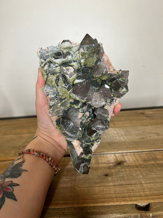 Large Smoky Quartz on Epidote Cluster | Epidote Specimen