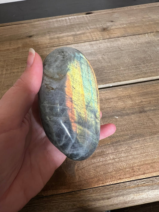 Orange Yellow and Green Flash Labradorite Palm Stone