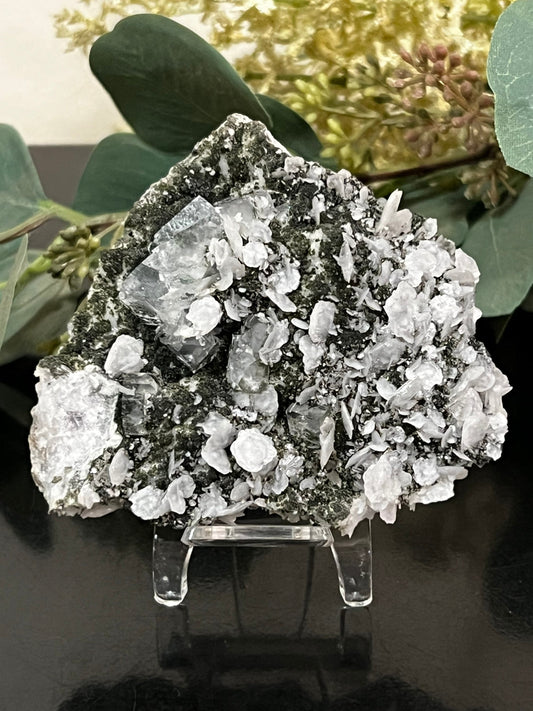Cubic Fluorite Specimen with Epidote and Calcite Flowers