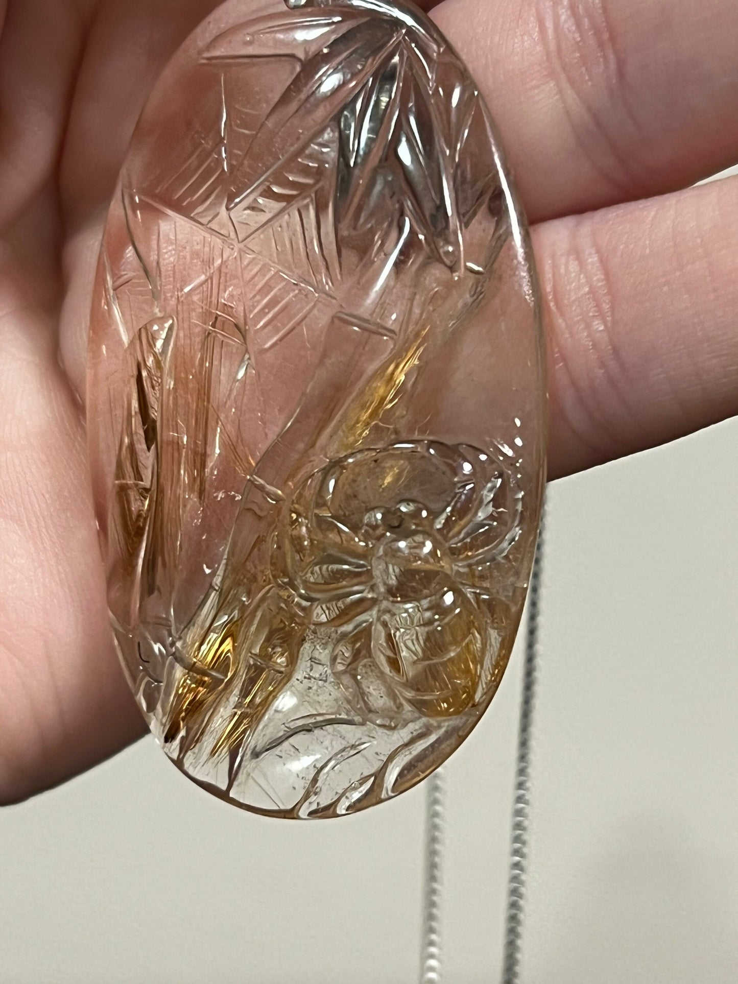Golden Rutile Clear Quartz Spider Pendant with Sterling Silver Chain Necklace (Optional)