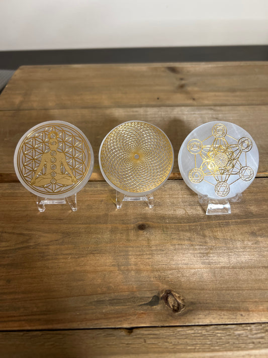 Selenite Plates with Gold Patterns | Crystal Plates